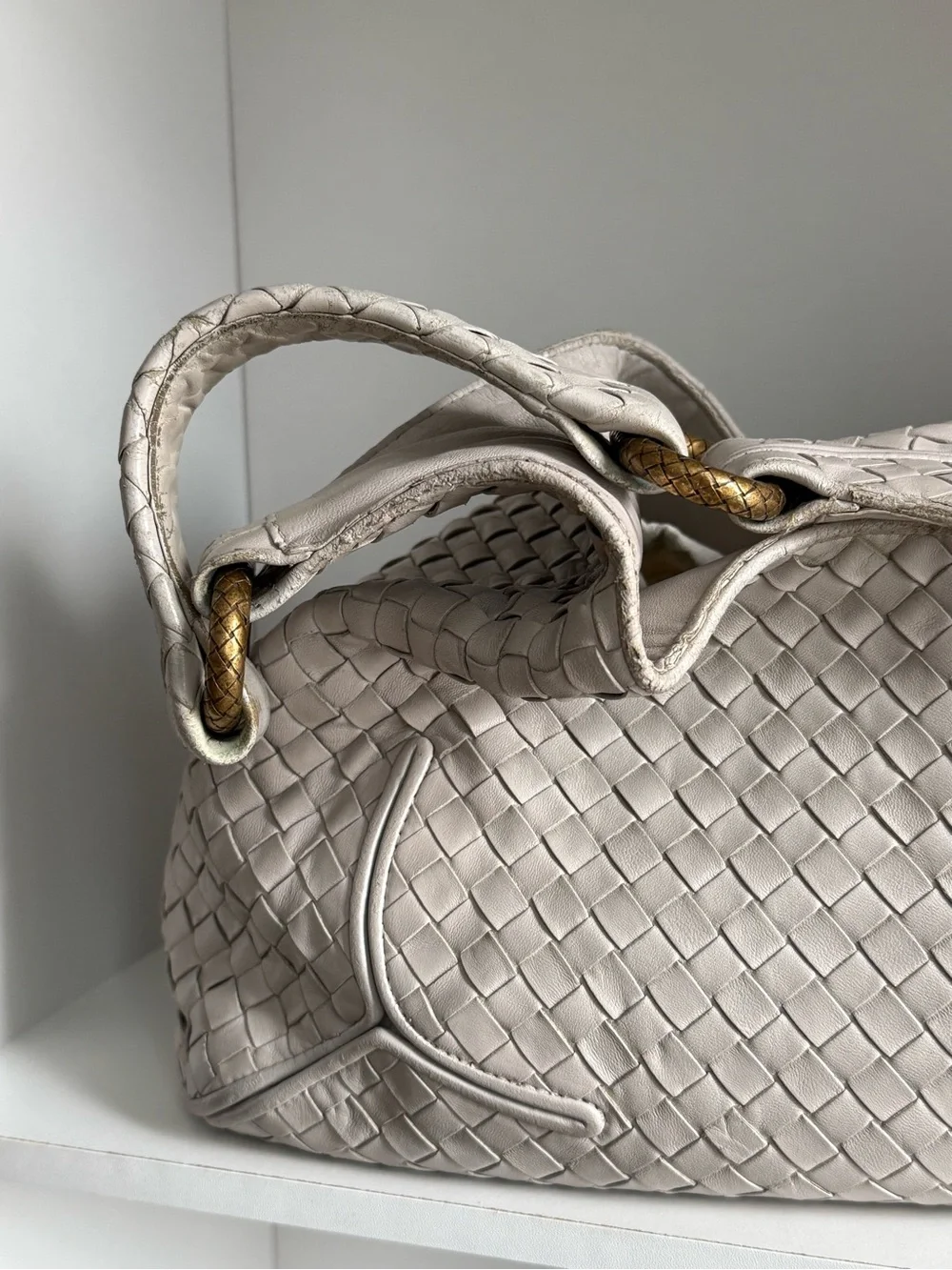 Bottega Veneta Cream Hobo Bag with Woven Leather and Curved Design